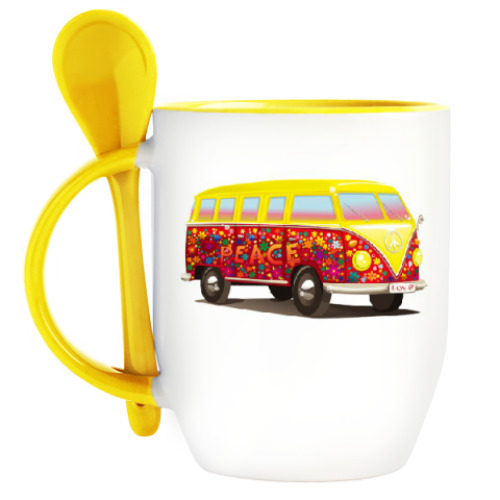 Кружка с ложкой с принтом Автобус для хиппи