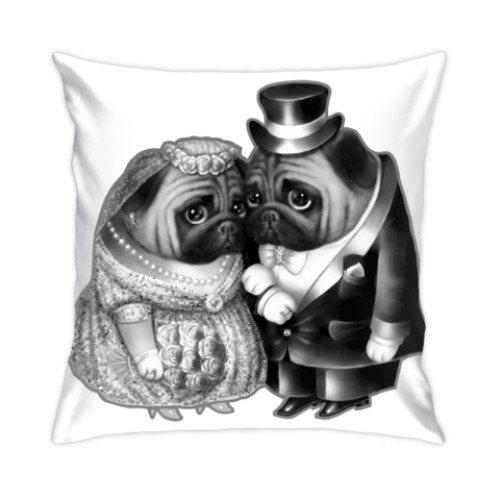 Подушка с принтом Совет да любовь. Свадьба мопсов