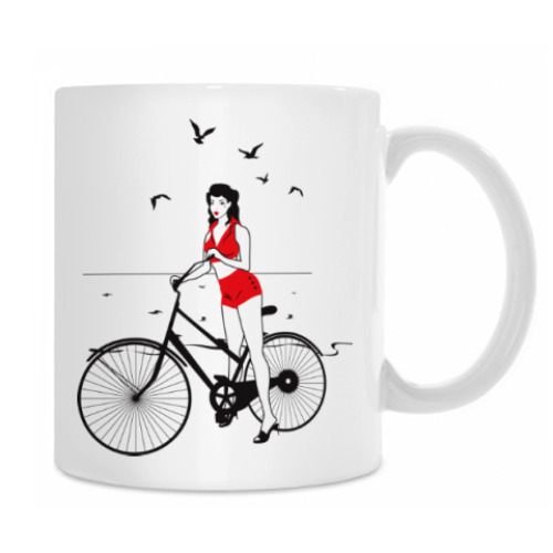 Кружка с принтом Девушка с велосипедом в стиле пин ап