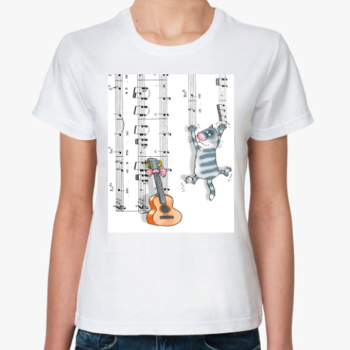 Классическая футболка с принтом КОТ И НОТЫ