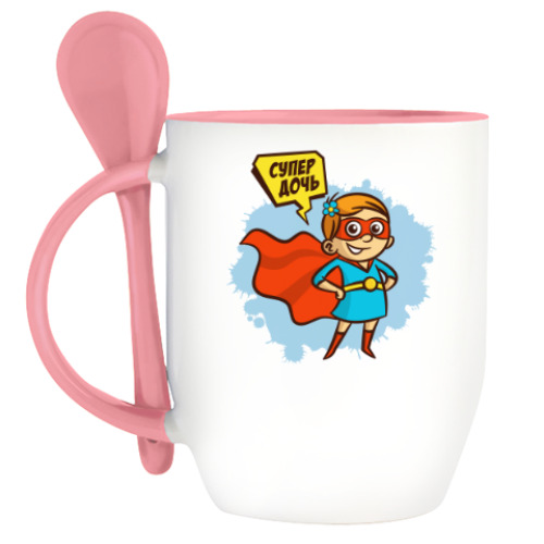 Кружка с ложкой с принтом СУПЕР ДОЧЬ
