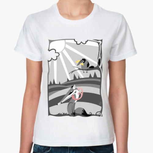 Классическая футболка с принтом Ворона и лисица