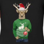 Олень новогодний в свитере и очках с шариком