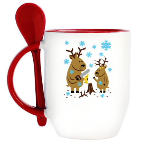 Кружка с ложкой с принтом Олени с новыми рогами