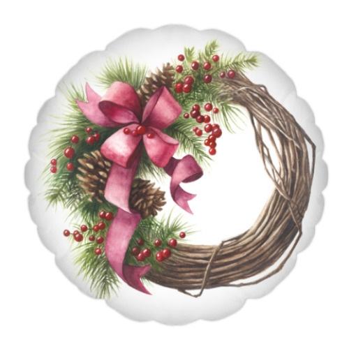 Подушка с принтом Christmas wreath