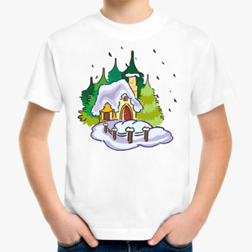 Детская футболка с принтом Дом,дерево,снег
