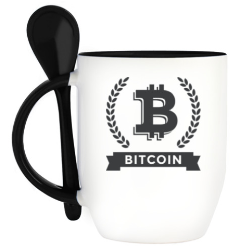 Кружка с ложкой с принтом Bitcoin - Биткоин