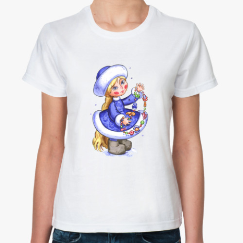 Классическая футболка с принтом снегурочка