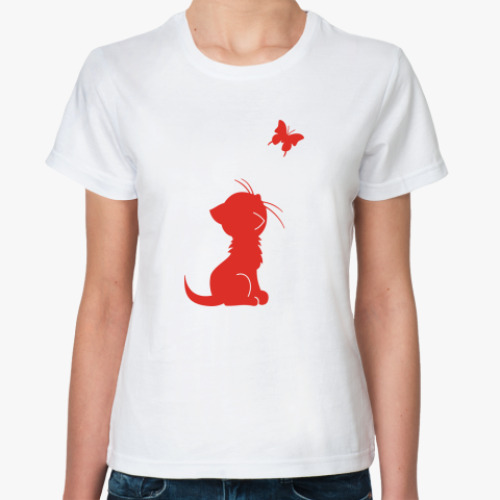 Классическая футболка с принтом Котенок и бабочка