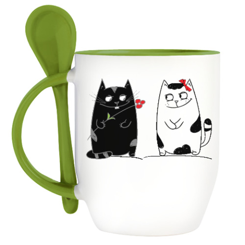 Кружка с ложкой с принтом кот и кошка