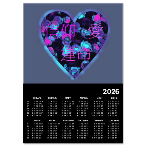 Календарь с принтом Вера, любовь, судьба (японские иероглифы)