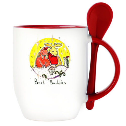 Кружка с ложкой с принтом Лось и морж