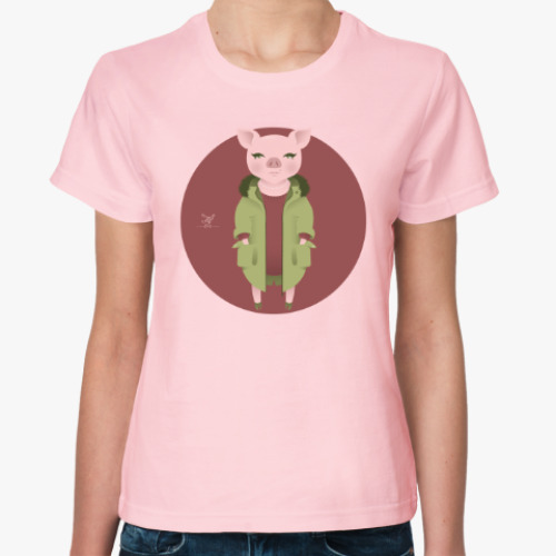 Женская футболка с принтом  Animal Fashion: P is for Pig in parka