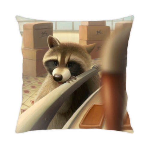 Подушка с принтом Енот и шоколадная фабрика