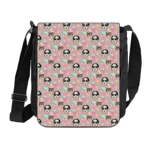 Сумка на плечо (мини-планшет) с принтом девушка и кошка