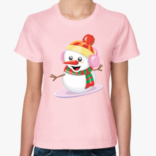Женская футболка с принтом Снеговик Сноубордист