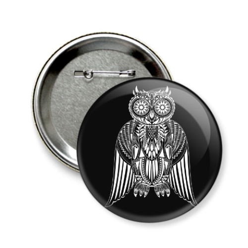 Значок 58мм с принтом Сложный абстрактный рисунок с совой