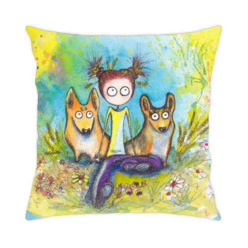 Подушка с принтом Девочка и корги