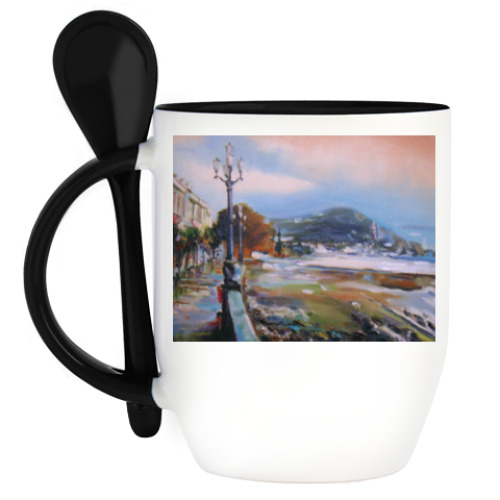 Кружка с ложкой с принтом Набережная Ялты