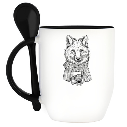 Кружка с ложкой с принтом Лис-фотограф