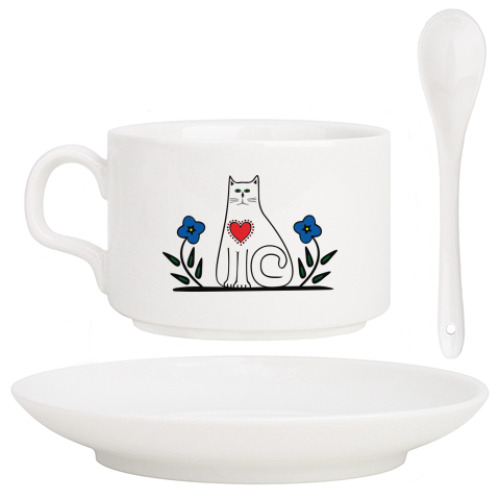 Кофейный набор с принтом Кот и сердце