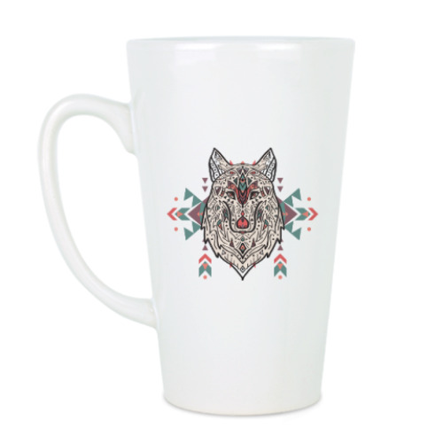 Чашка Латте с принтом Тотем волк. Ацтекский узор