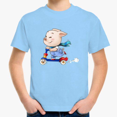 Детская футболка с принтом Хрюндель на самокате