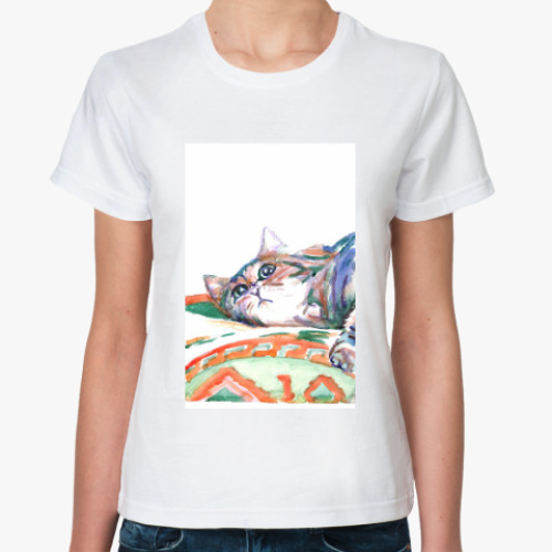 Классическая футболка с принтом Задумчивый котик