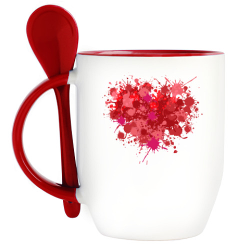 Кружка с ложкой с принтом Сердце из брызг краски
