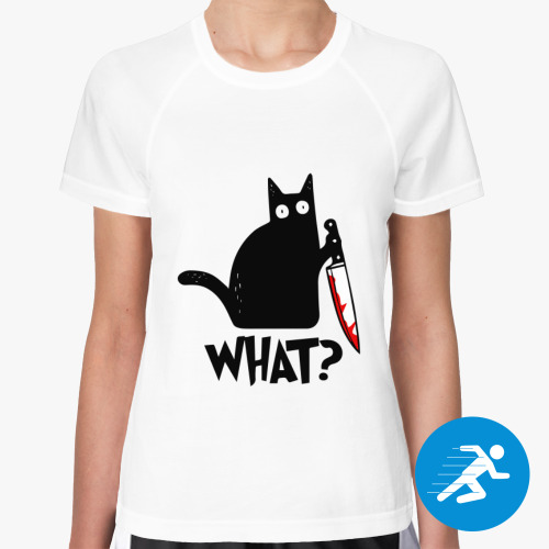Женская спортивная футболка с принтом Кот с ножом What Cat