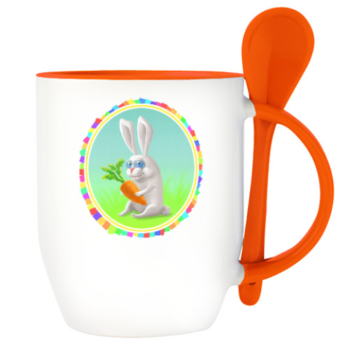 Кружка с ложкой с принтом Позитивный заяц