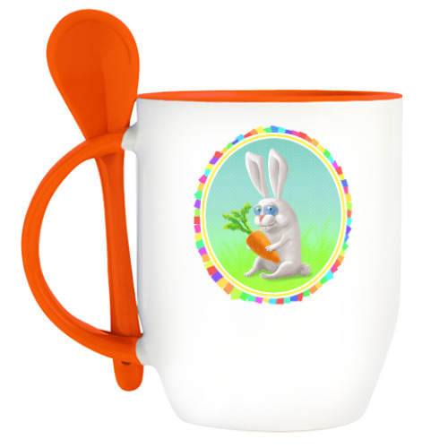 Кружка с ложкой с принтом Позитивный заяц
