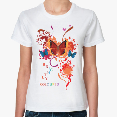Классическая футболка с принтом Яркие бабочки