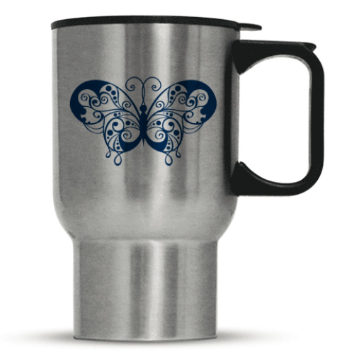 Кружка-термос с принтом Синяя бабочка.