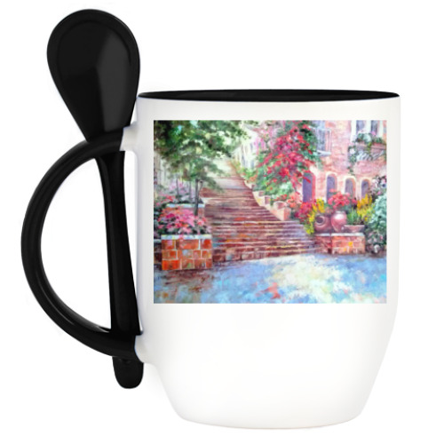 Кружка с ложкой с принтом Цветущая лестница