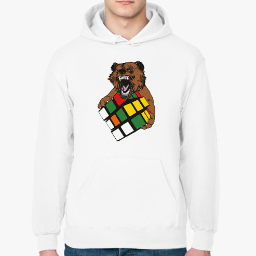 Толстовка худи с принтом Медведь и кубик Рубика