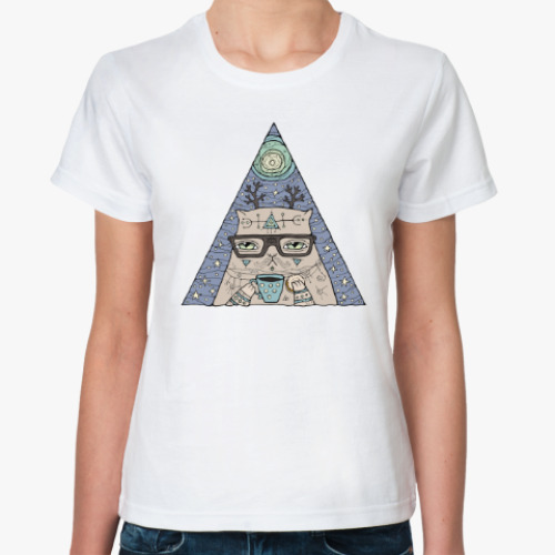 Классическая футболка с принтом Кот учёный