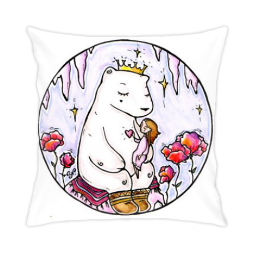 Подушка с принтом Полярный медведь и девочка