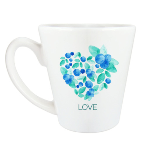 Чашка Латте с принтом Сердце акварель ягоды и листья