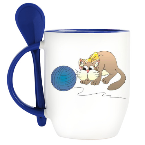 Кружка с ложкой с принтом Кошка и клубок