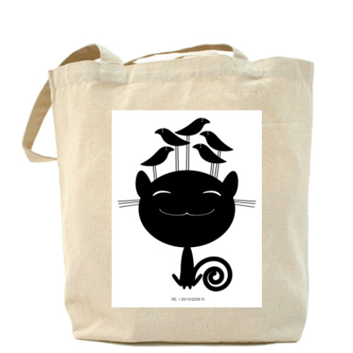 Сумка шоппер с принтом кошка и птицы