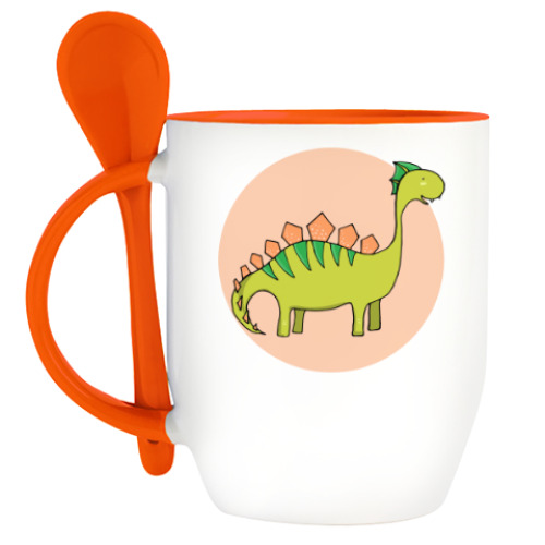 Кружка с ложкой с принтом Динозаврик