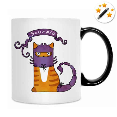 Кружка-хамелеон с принтом Кот Скорпион знак Зодиака