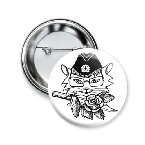 Значок 50мм с принтом Кошка в пилотке с ножом