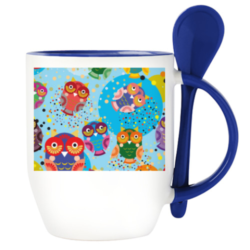 Кружка с ложкой с принтом смешные яркие совы