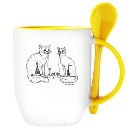 Кружка с ложкой с принтом Влюбленные котики