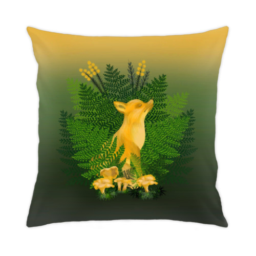 Подушка с принтом "Лиса и лисички в папоротнике" Лесные мотивы