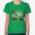 Классическая женская футболка Ежик. Мимими. Дорога. Деревья. Роща. Небо.