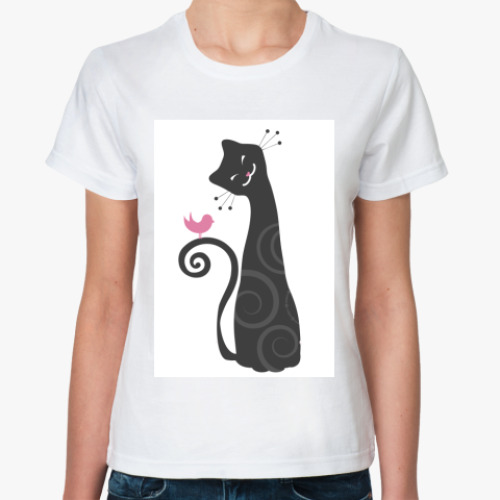Классическая футболка с принтом Кошка с птичкой