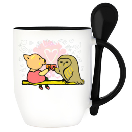 Кружка с ложкой с принтом Чаепитие. Поросенок пьет чай. Символ нового года.